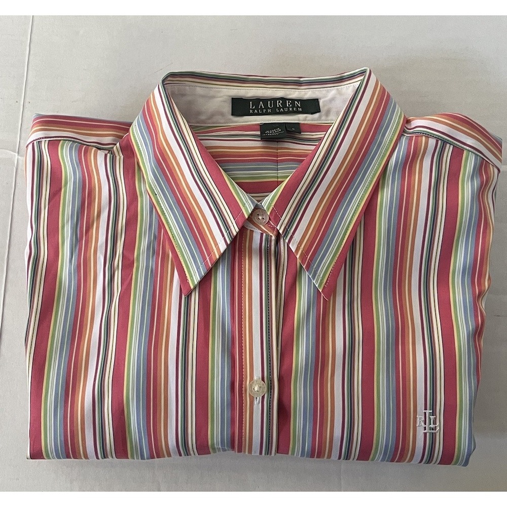 Ralph Lauren Top Size L Multi Color Flip Cuff Button-Up Shirt Embroidered Logo